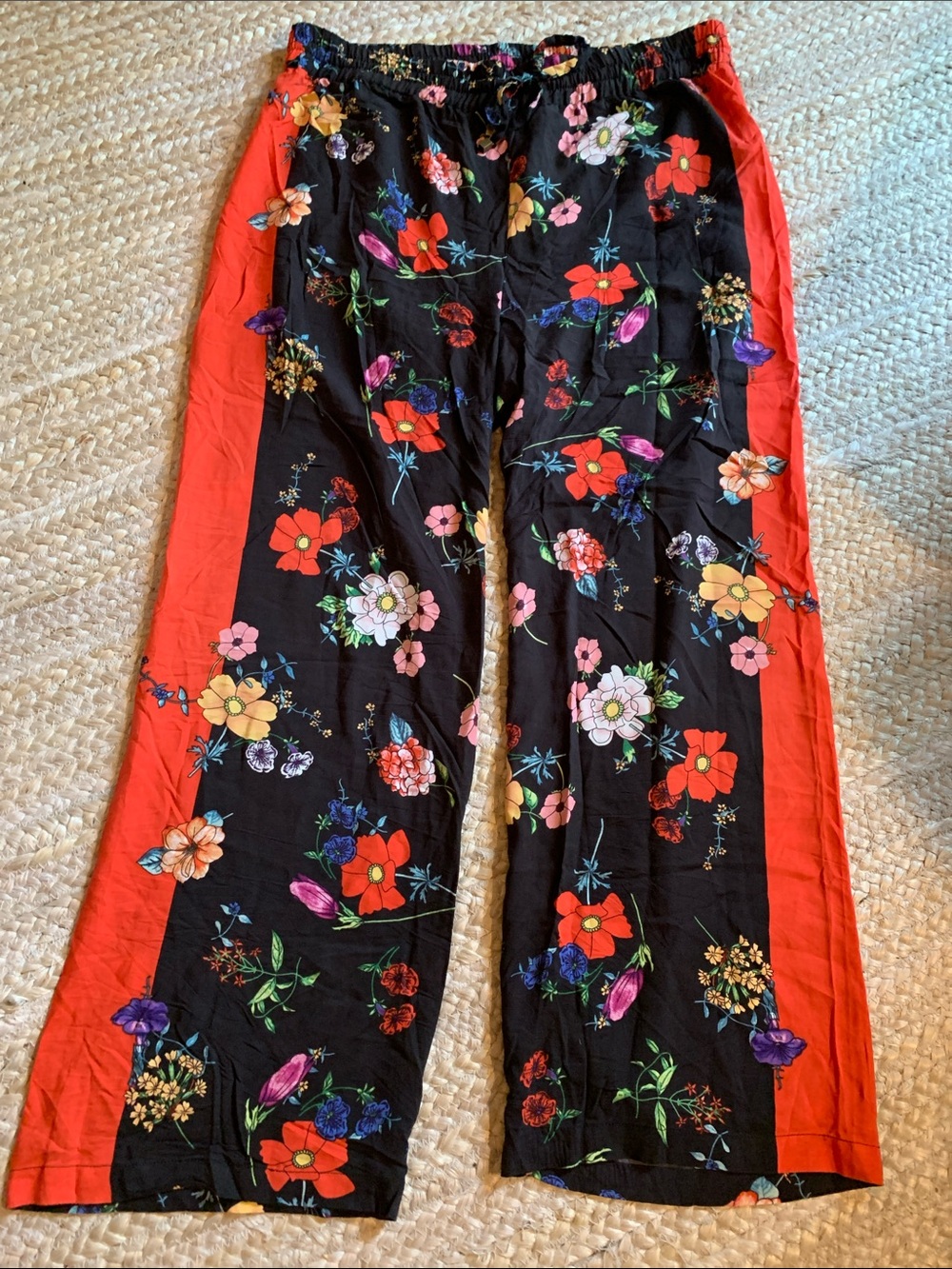 Wide Leg Floral Pants with Red Side Panels